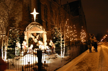 Faithful arrive for Midnight Christmas Eve Mass at St. Stanislaus Church, Historic Polonia District, Buffalo, New York